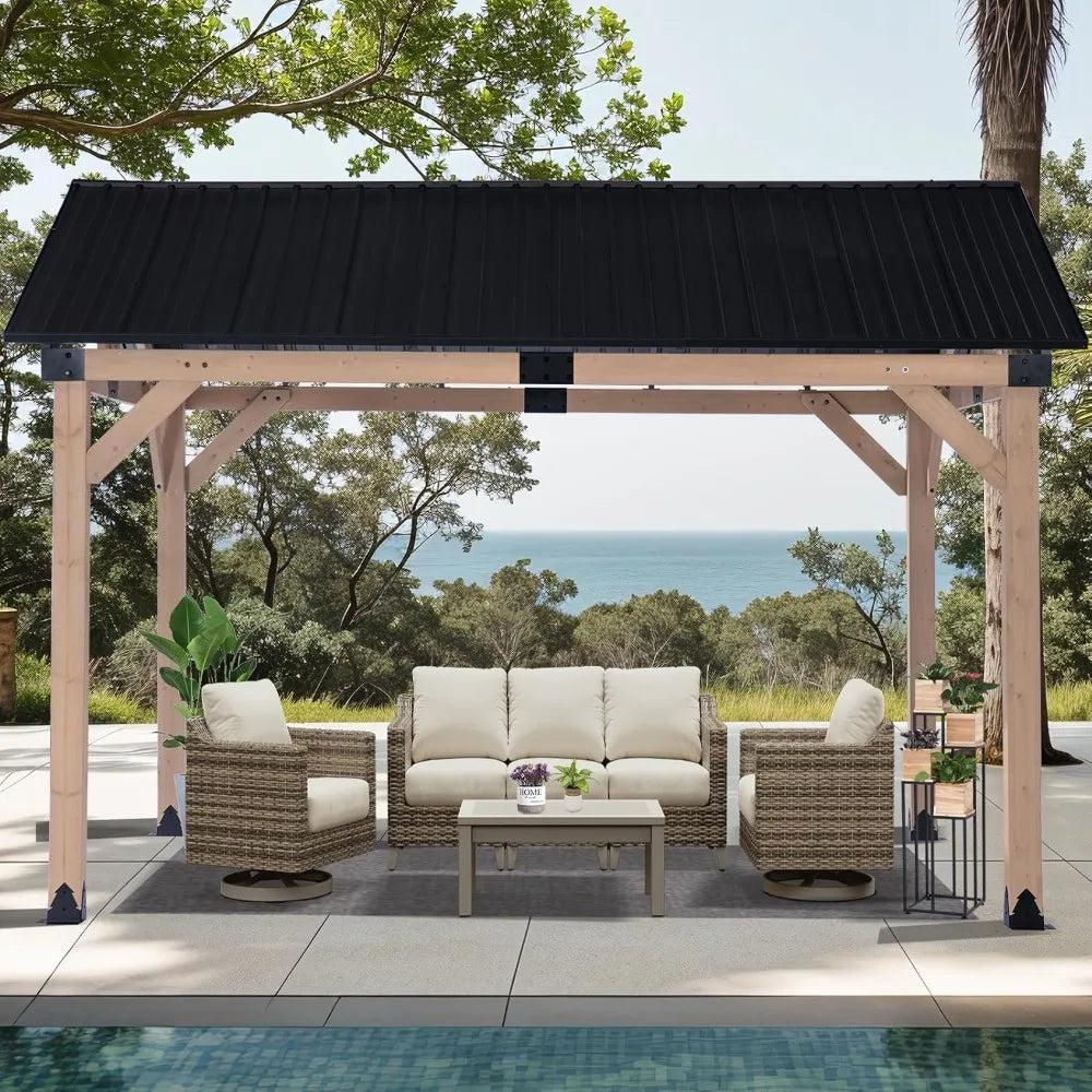 Natural Cedar Frame Hardtop Gazebo With Steel Roof Outdoors