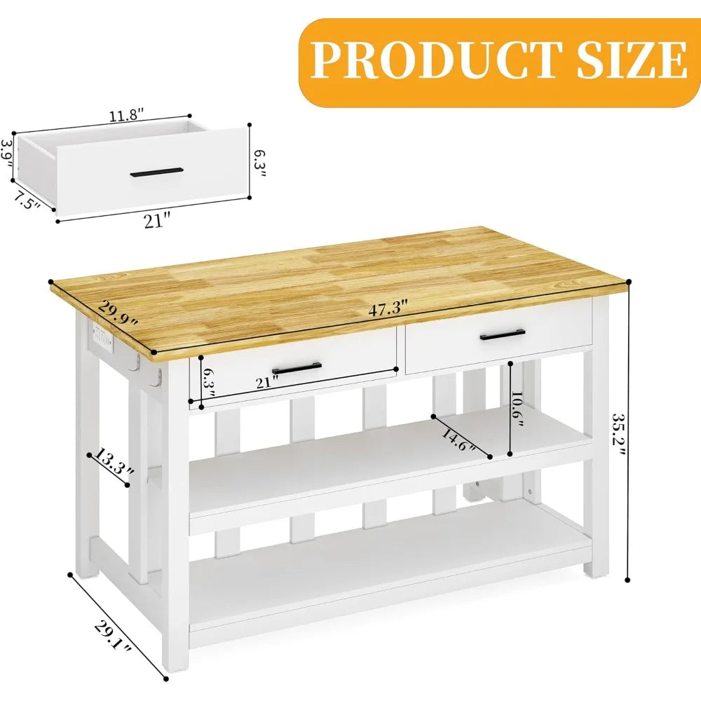 Extra Large Solid Rubberwood Kitchen Island with Power Outlets