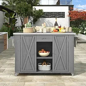 Outdoor Farmhouse Kitchen Island with Durable Stainless Steel Top