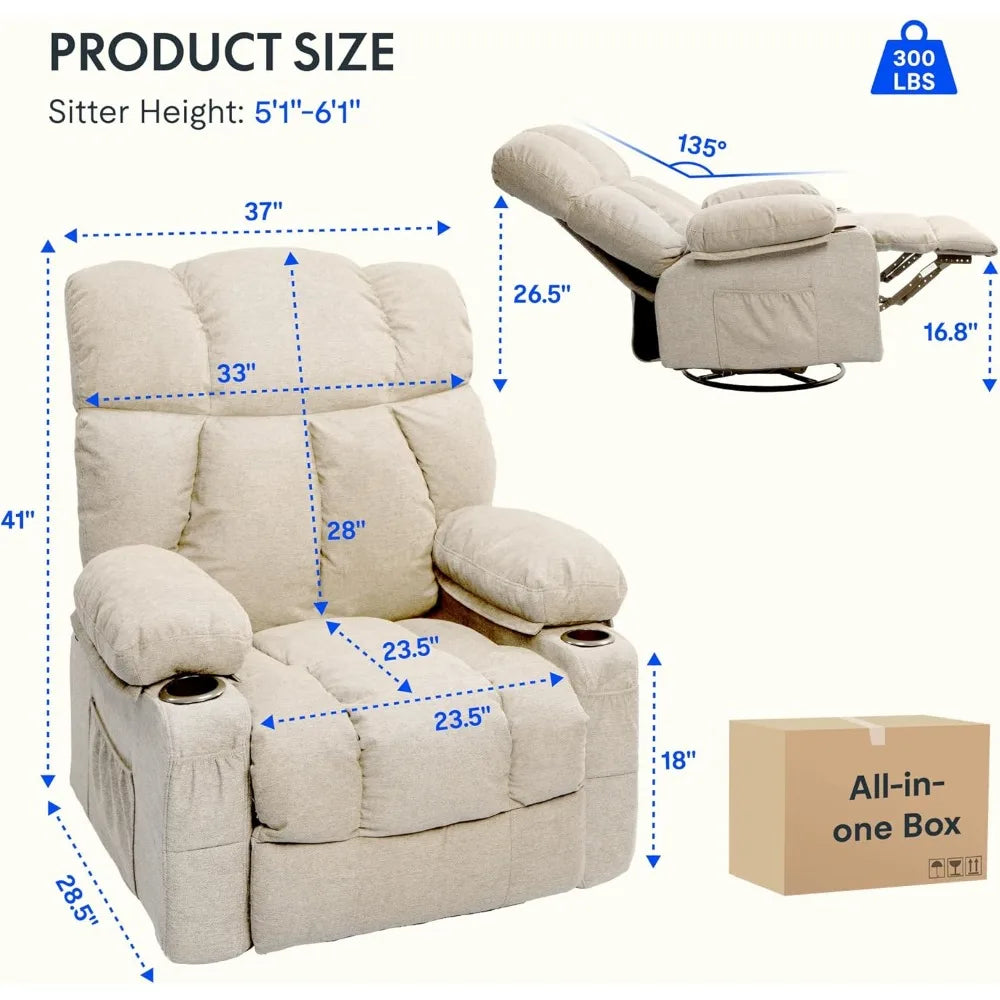 DAFIFY Oversized Swivel Rocker Recliner with Massage and USB Charging