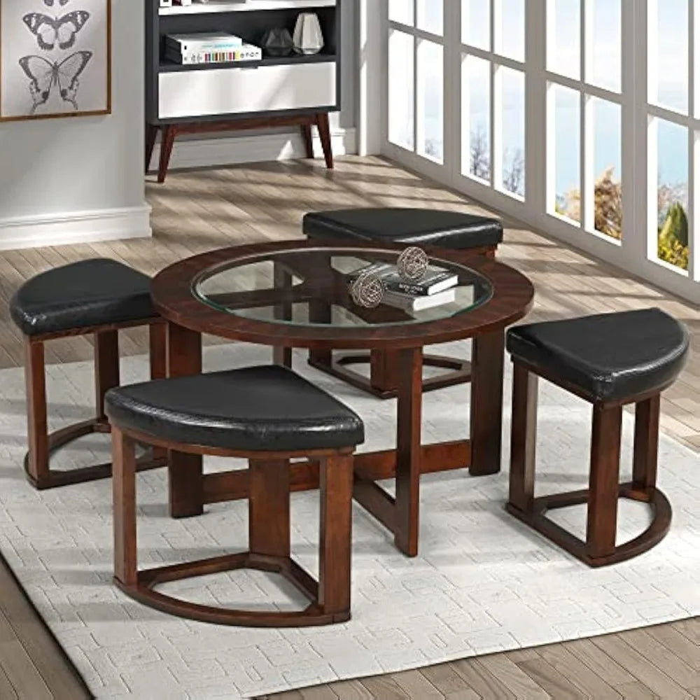 Espresso Glass Top Round Coffee Table With Stools Set