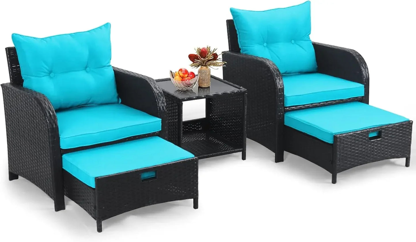 5 Piece Rattan Patio Chairs Set With Ottoman Comfort