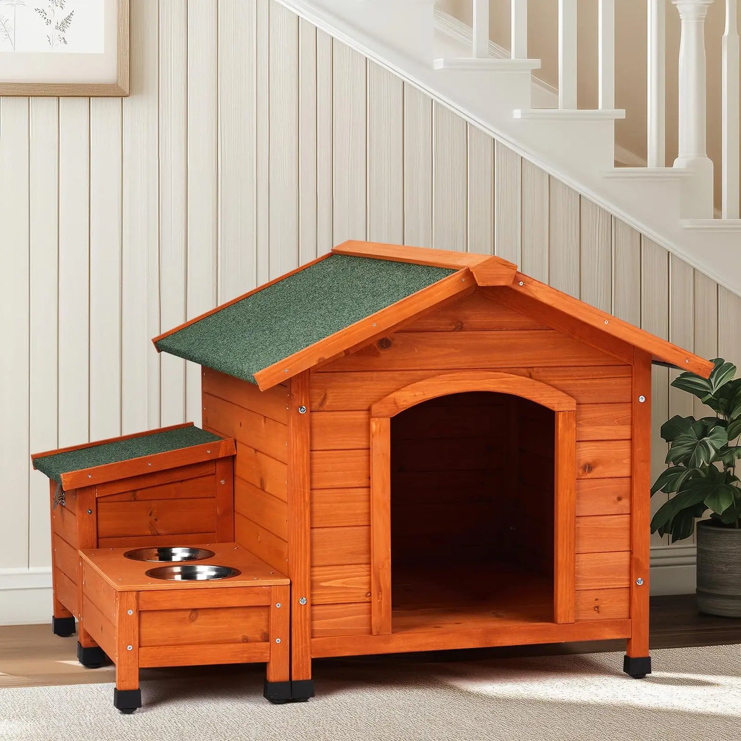 Cozy Wooden Dog House with Food Bowl Storage