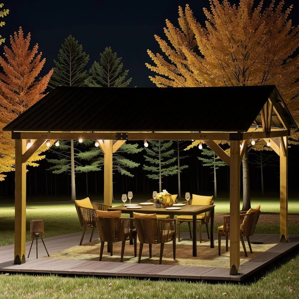 Natural Cedar Frame Hardtop Gazebo With Steel Roof Outdoors