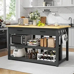 Extra Large Solid Rubberwood Kitchen Island with Power Outlets