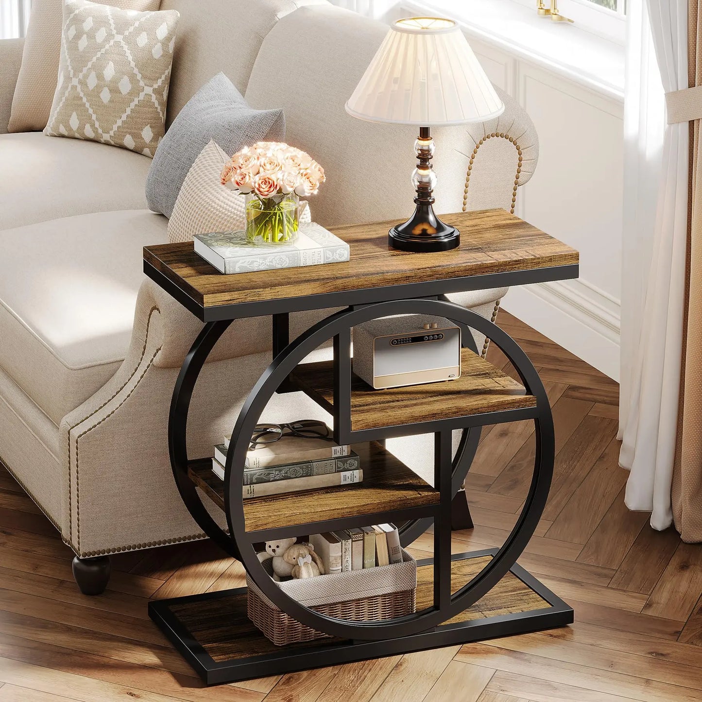 Tribesigns Industrial Wood End Table With Storage Shelves