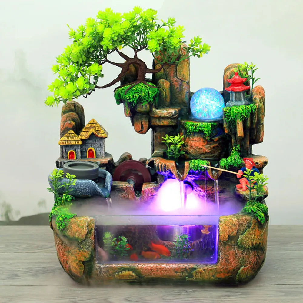 Indoor LED Water Fountain With Mist And Resin Rockery