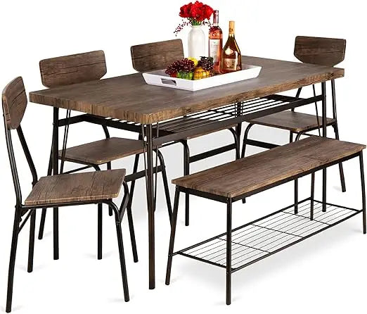 Modern 6 Piece Dining Set With Storage Racks And Bench