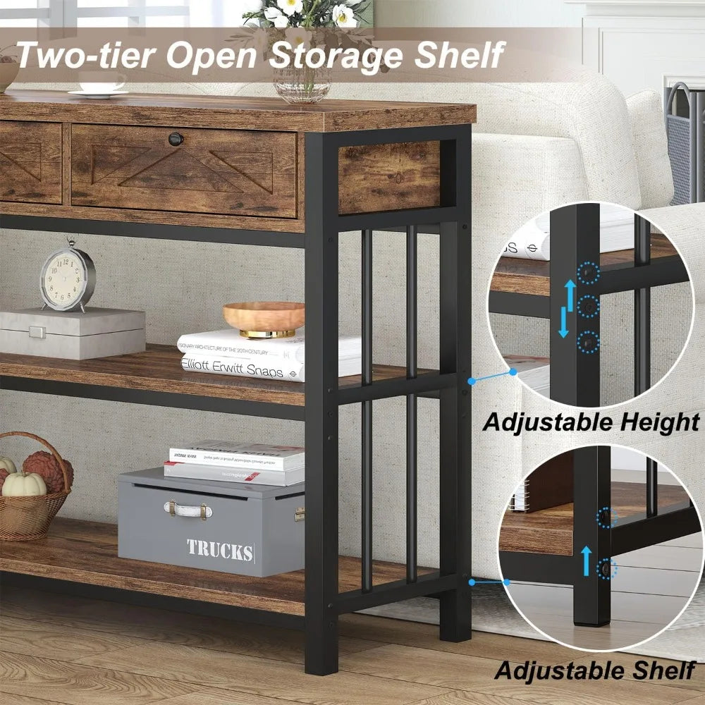 Rustic Three Drawer Entryway Table With Storage Shelves