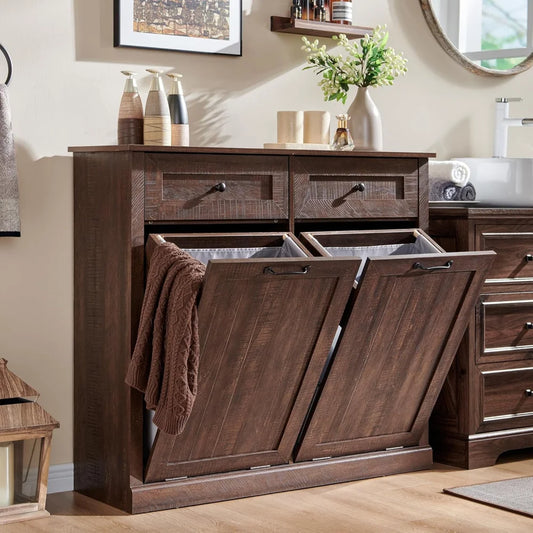 Double Tilt Out Laundry Hamper Cabinet With Drawer