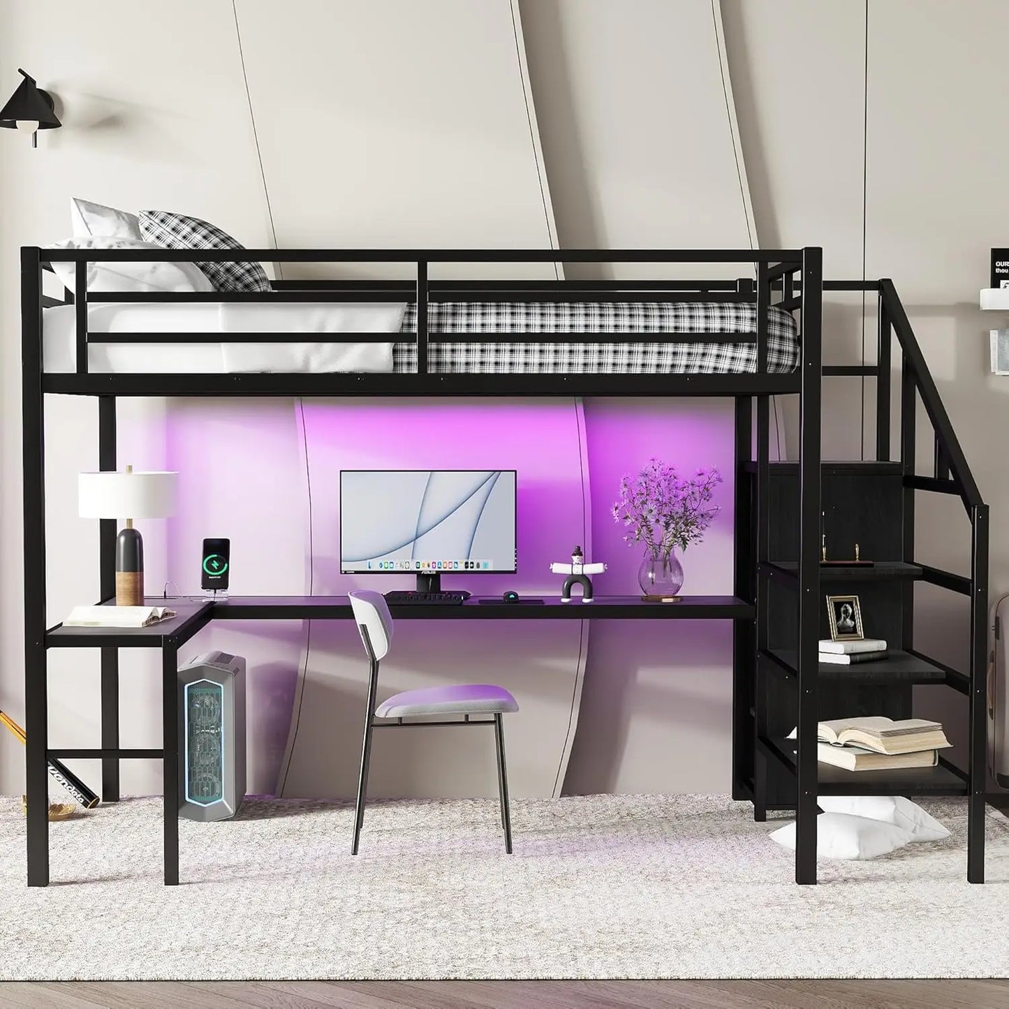 Full Size Metal Loft Bed With Desk Wardrobe Led Lights