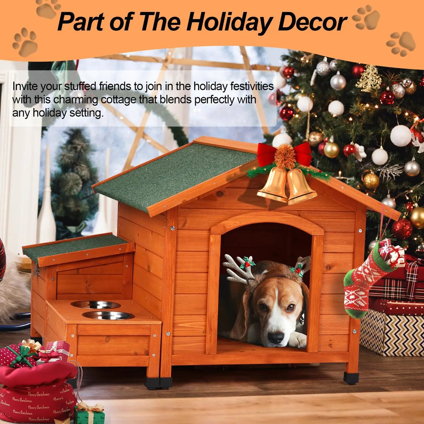 Cozy Wooden Dog House with Food Bowl Storage