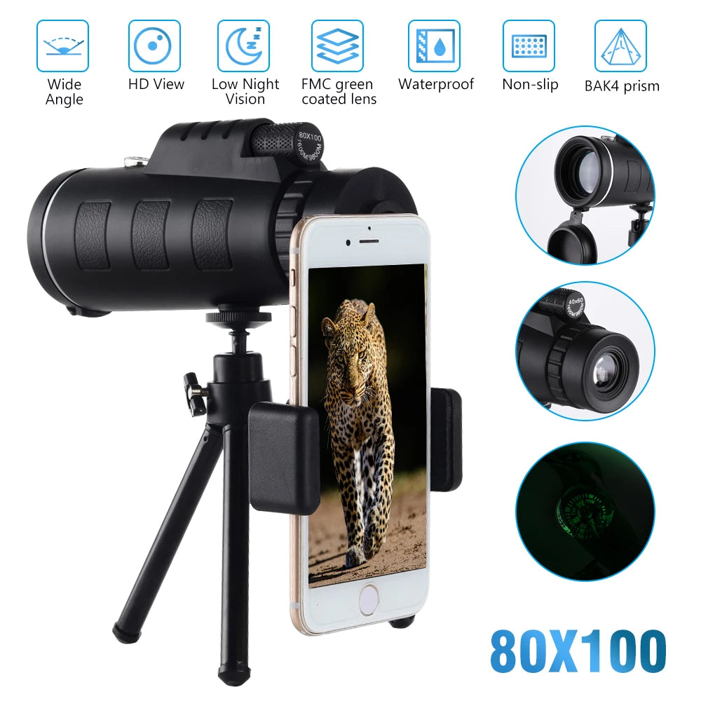 80x100 Zoom Monocular Telescope for Clear Long Range Viewing