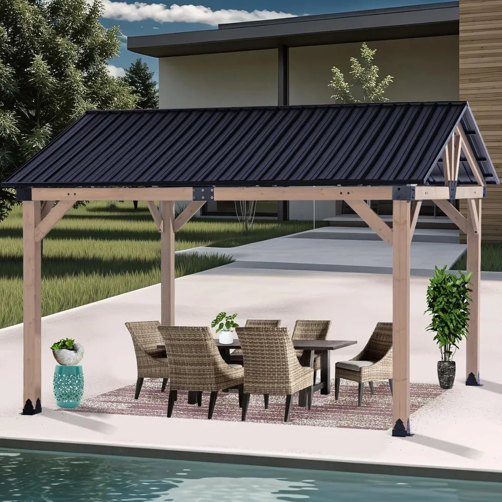 Natural Cedar Frame Hardtop Gazebo With Steel Roof Outdoors