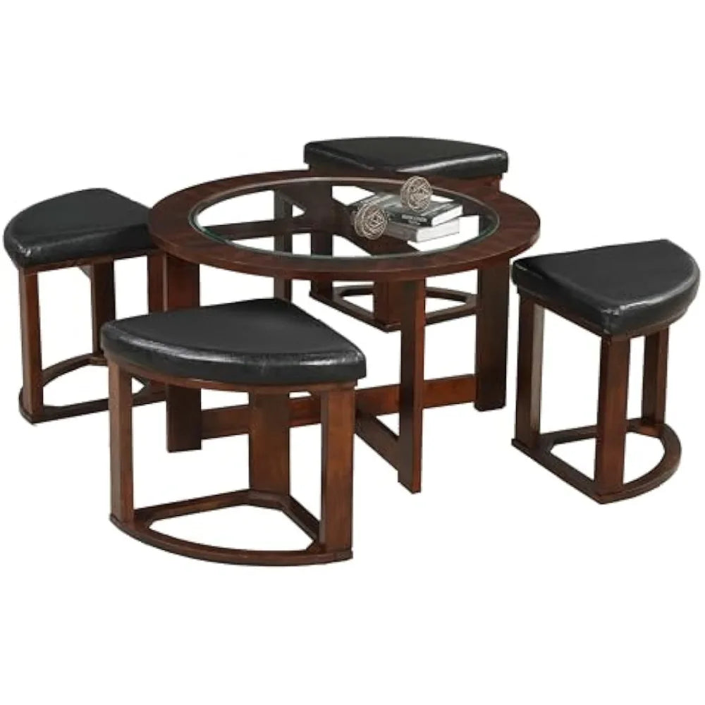 Espresso Glass Top Round Coffee Table With Stools Set