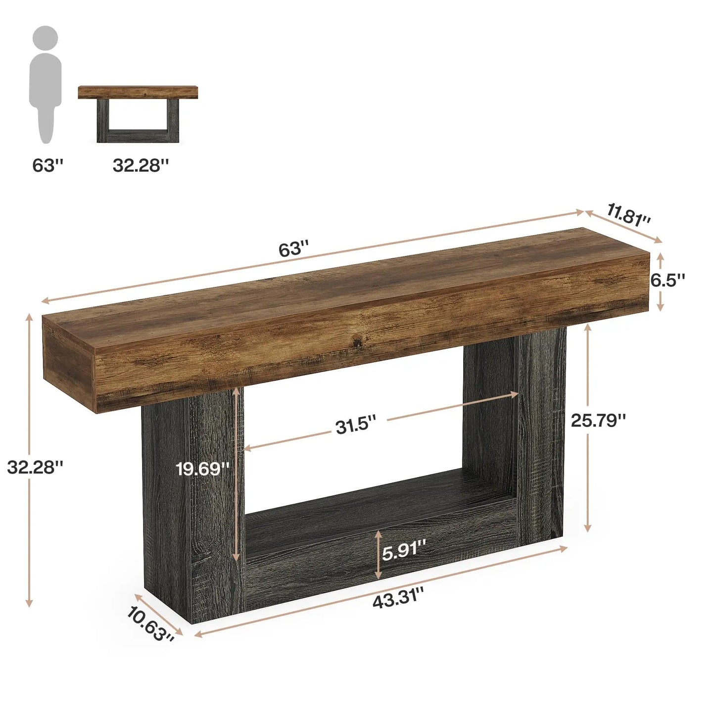 Farmhouse Console Table 63 Inch With Sturdy U Shaped Base