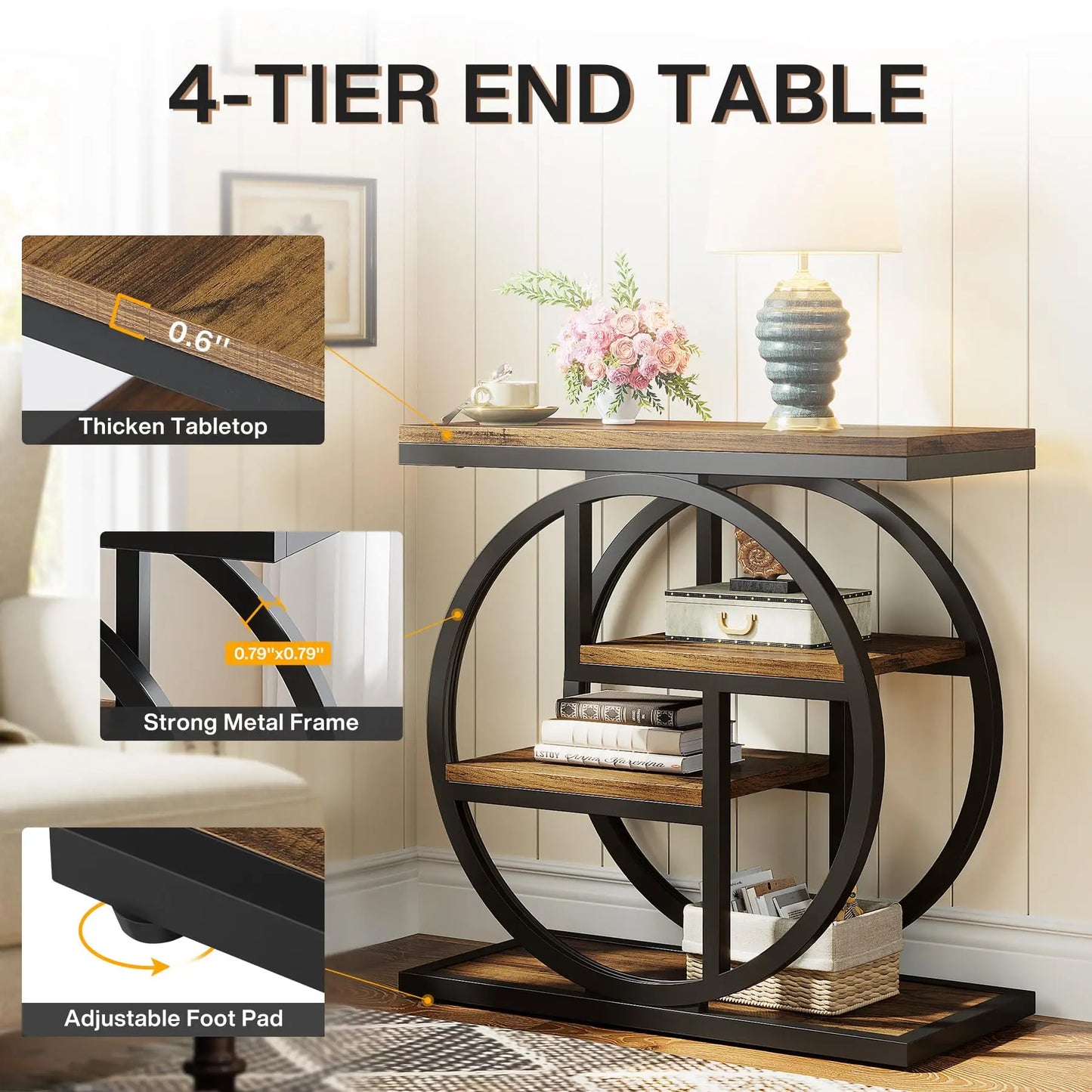 Tribesigns Industrial Wood End Table With Storage Shelves