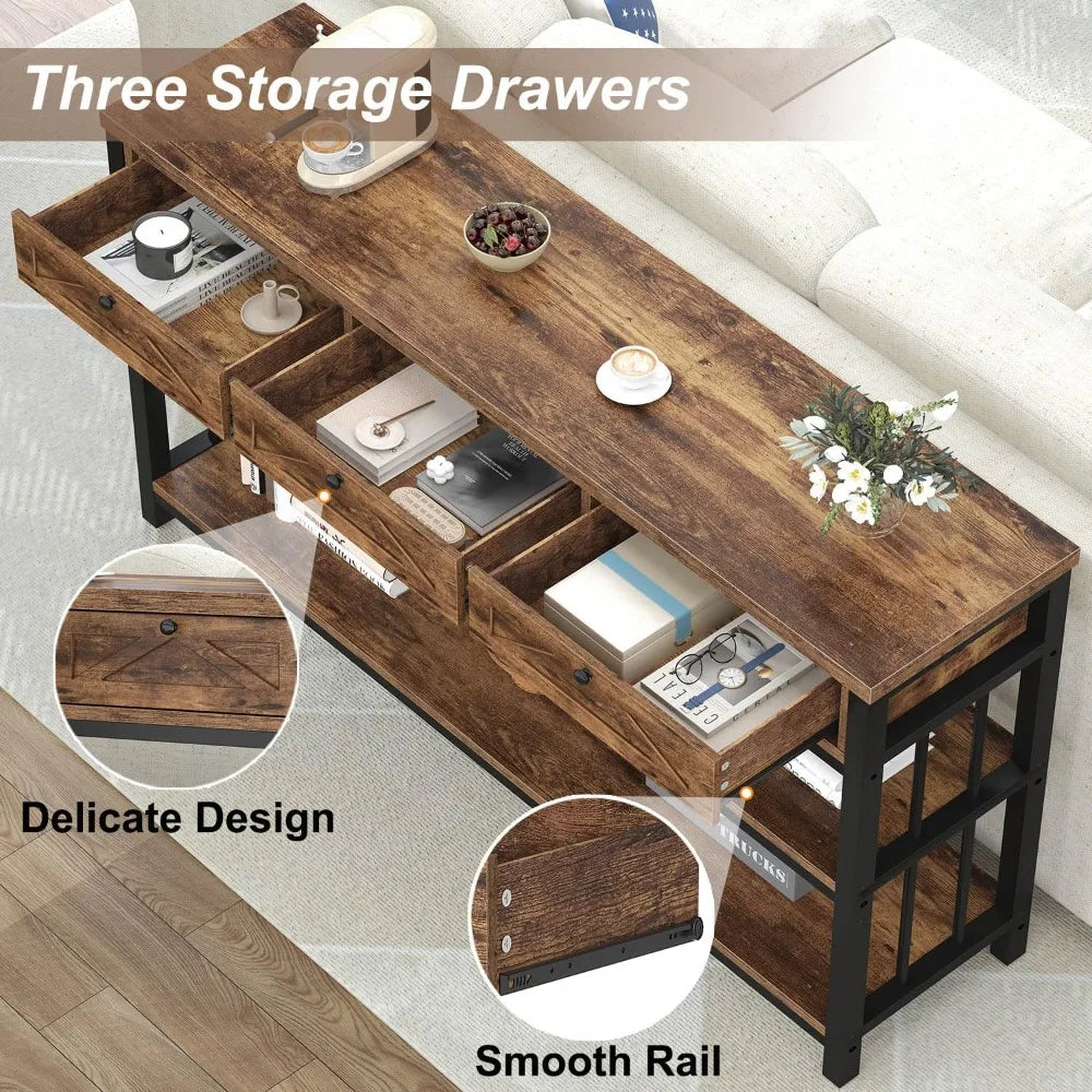 Rustic Three Drawer Entryway Table With Storage Shelves