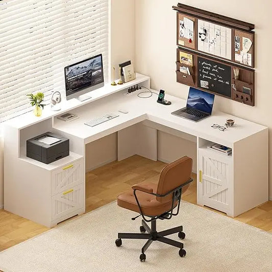 DAFIFY 63 Inch Farmhouse L Shaped Desk with Power Outlets