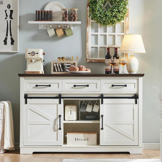 Farmhouse Buffet Cabinet With 3 Drawers And Sliding Door