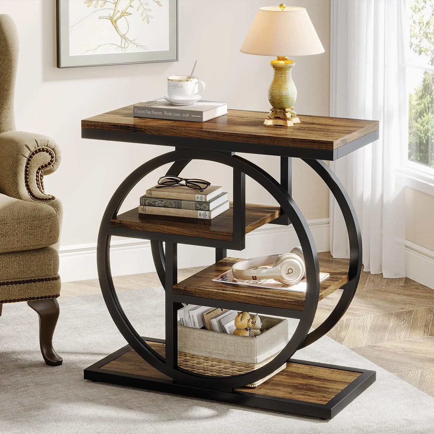 Tribesigns Industrial Wood End Table With Storage Shelves