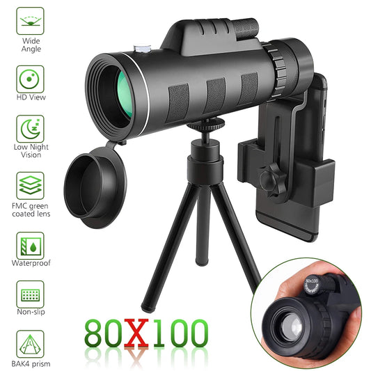 80x100 Zoom Monocular Telescope for Clear Long Range Viewing