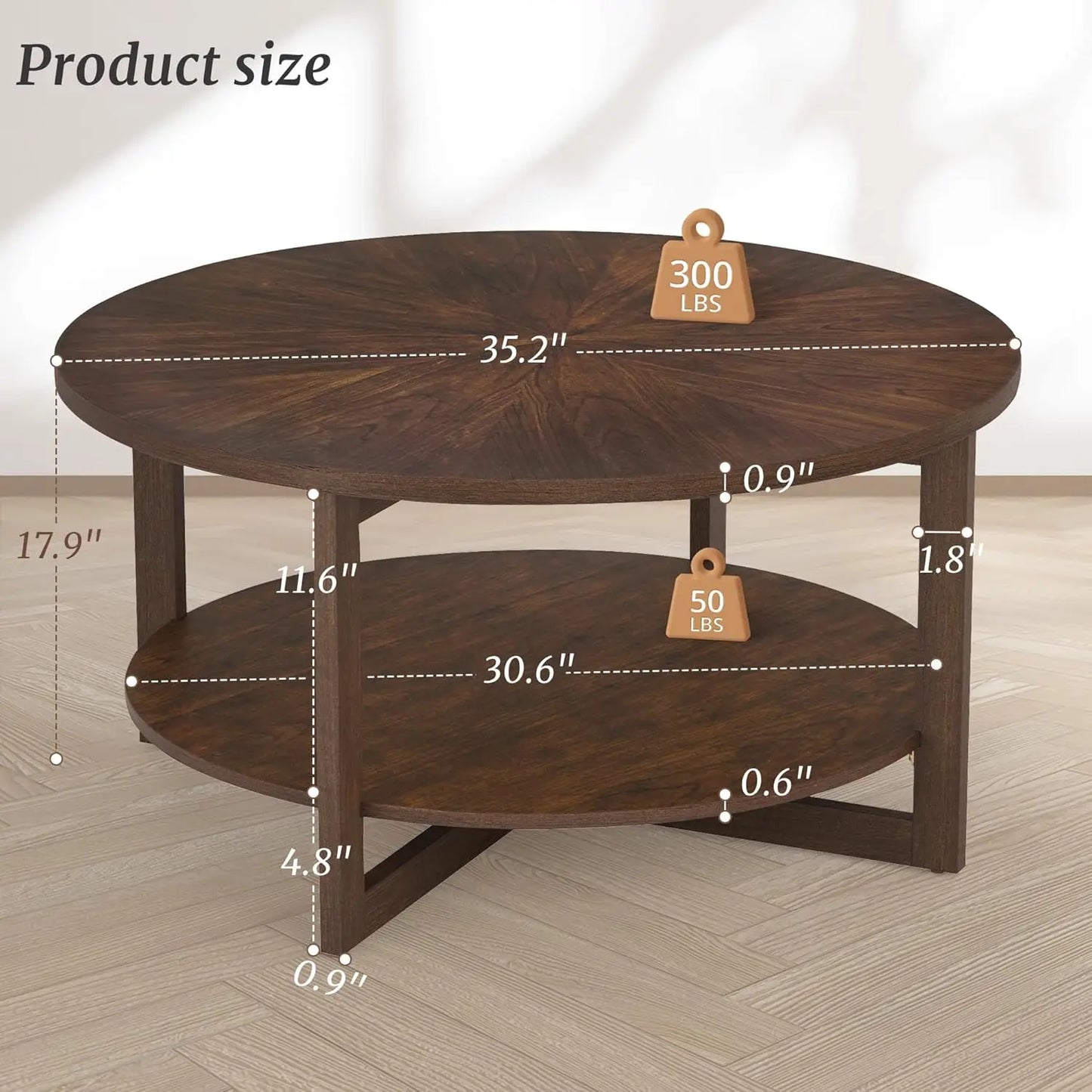 Rustic Modern Round Coffee Table with 2-Tier Storage