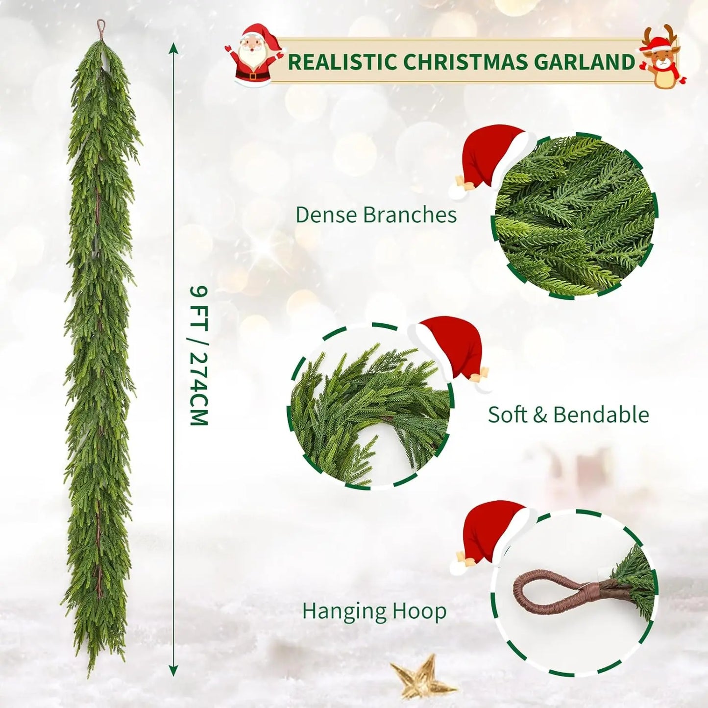 9 Foot Realistic Christmas Garland Dense Artificial Greenery