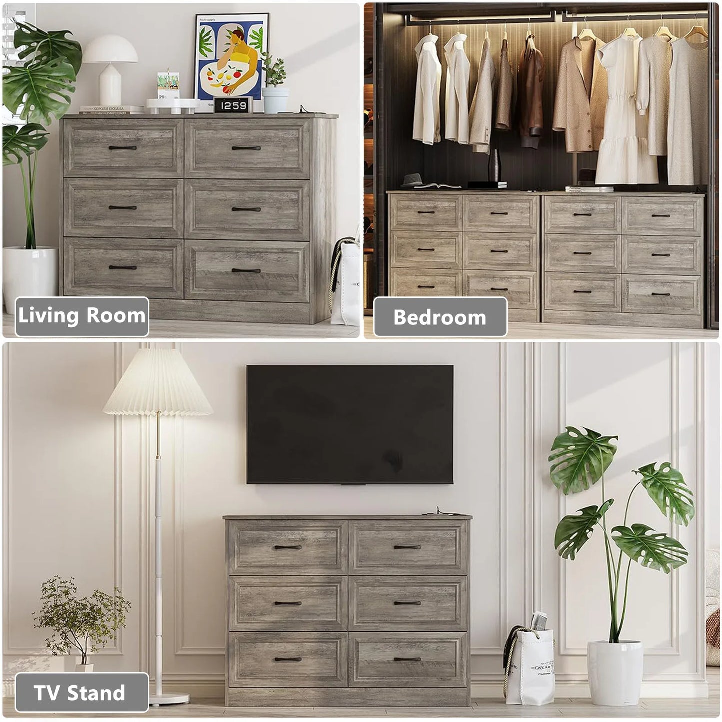 Vabches 6 Drawer Dresser With Power Strip for Stylish Bedroom Storage