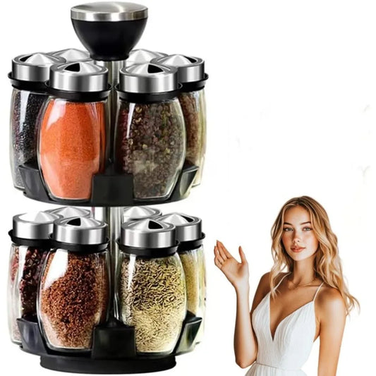 Revolving Spice Rack Organizer with 12 Glass Jar Bottles