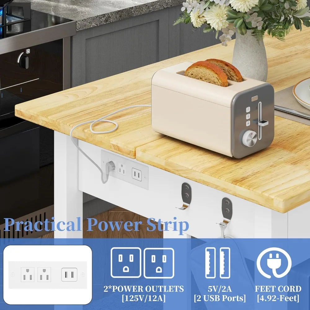 Extra Large Solid Rubberwood Kitchen Island with Power Outlets