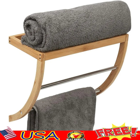 Durable Bamboo Wall Mounted Shelf with 2-Tier Towel Rack