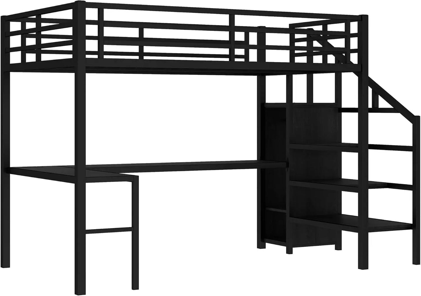 Full Size Metal Loft Bed With Desk Wardrobe Led Lights