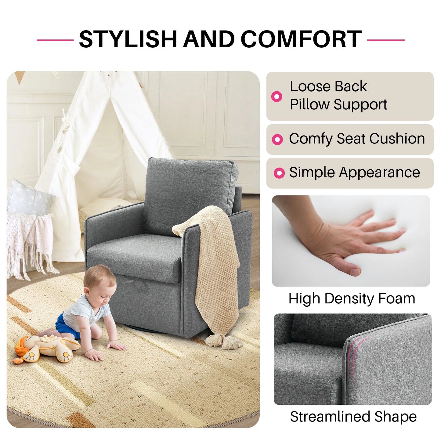 Redlife Upholstered Swivel Chair With Storage And Plush Back