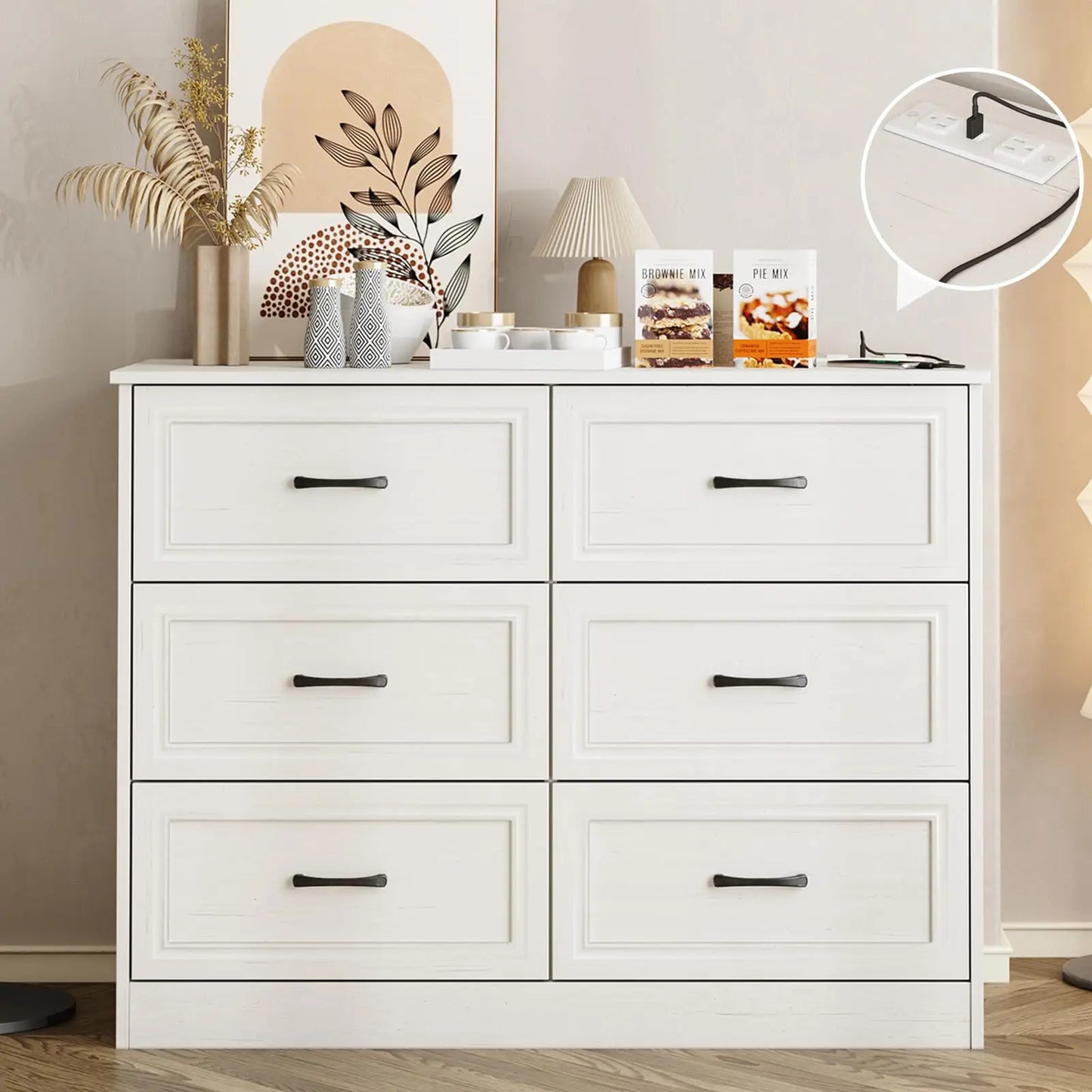 Vabches 6 Drawer Dresser With Power Strip for Stylish Bedroom Storage