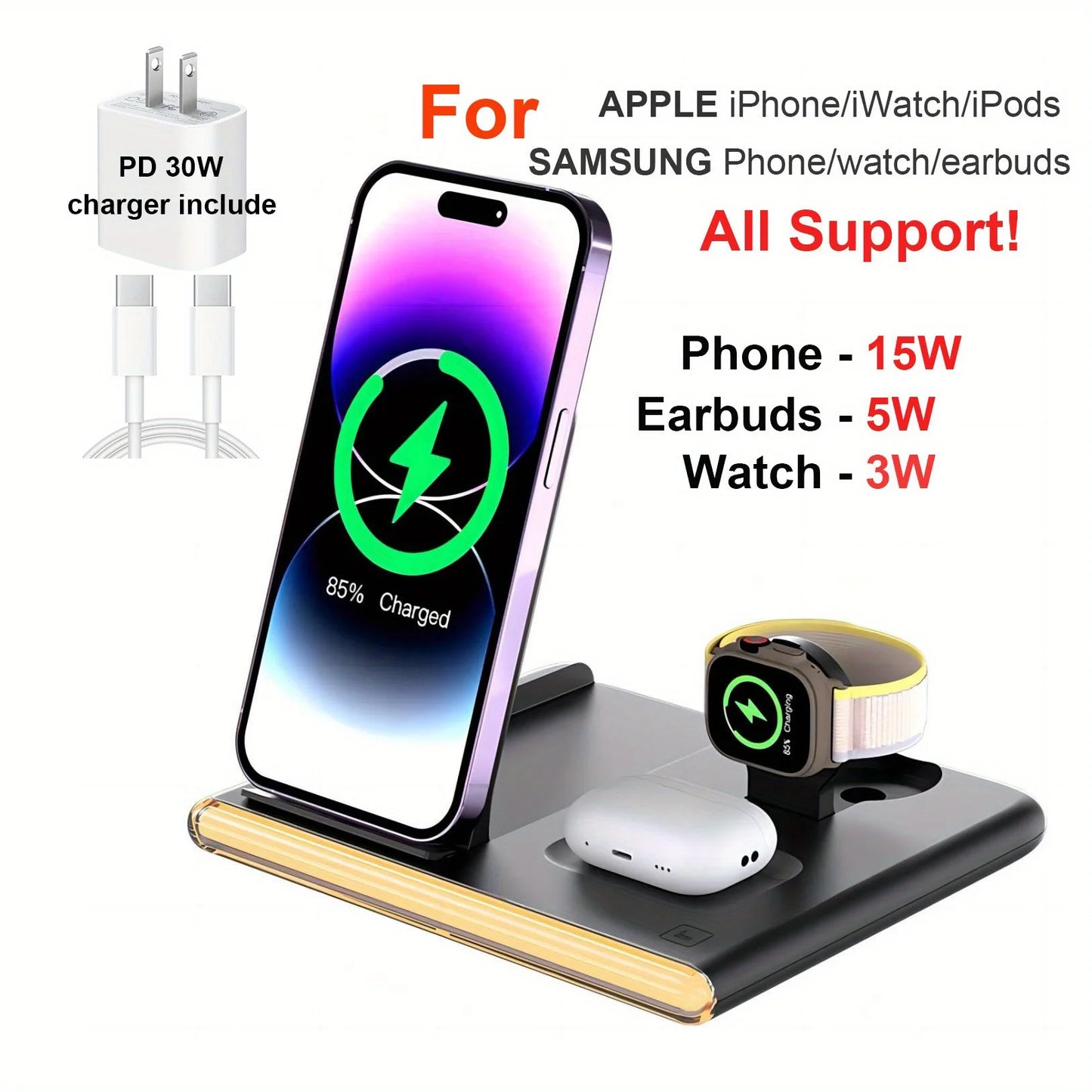 Fast Wireless Charger Station 30W PD for Phones and Watches