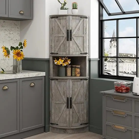 Farmhouse Grey Tall Corner Cabinet With Barn Door Design
