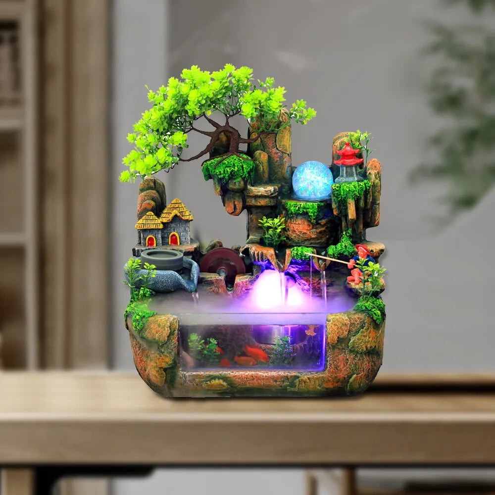 Indoor LED Water Fountain With Mist And Resin Rockery