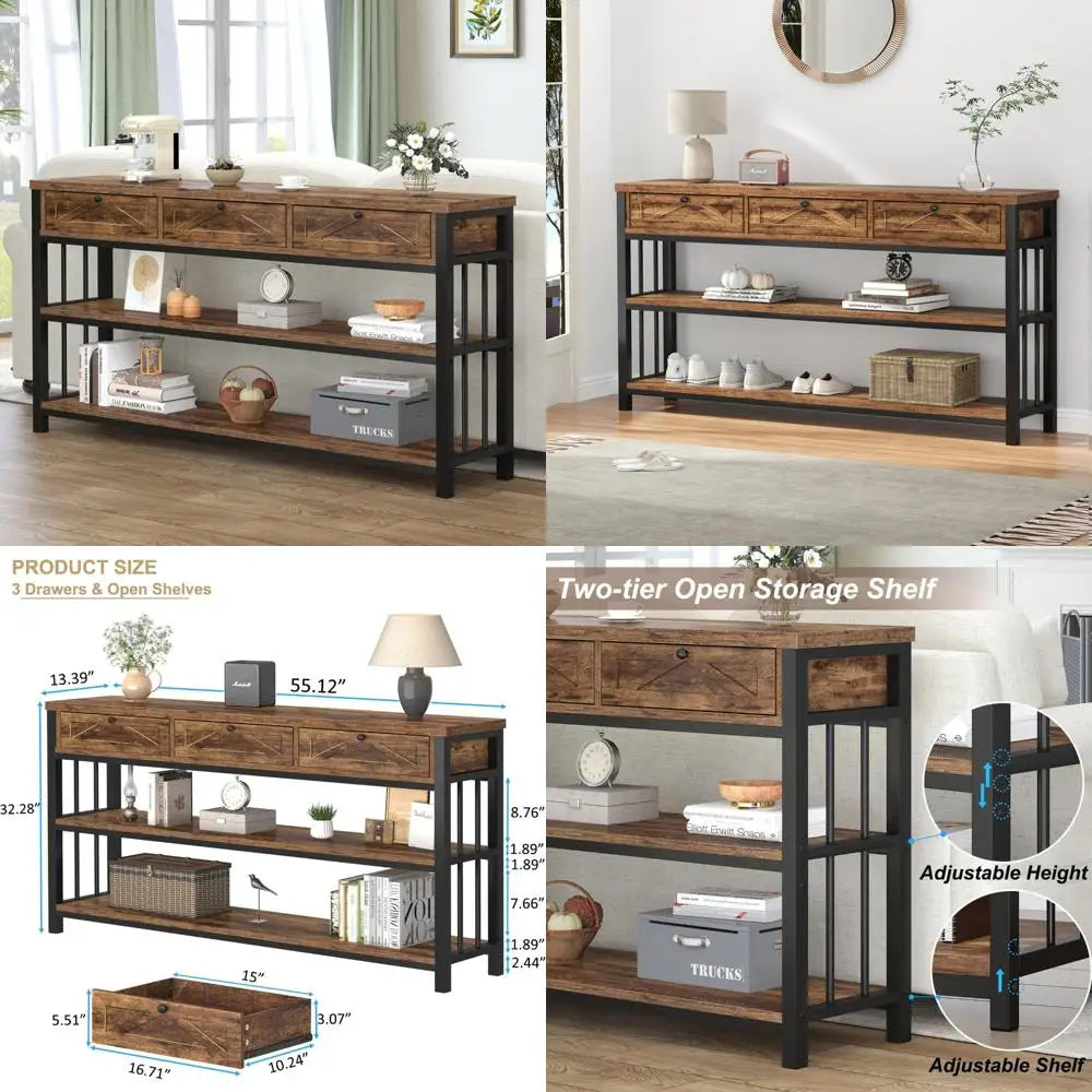 Rustic Three Drawer Entryway Table With Storage Shelves