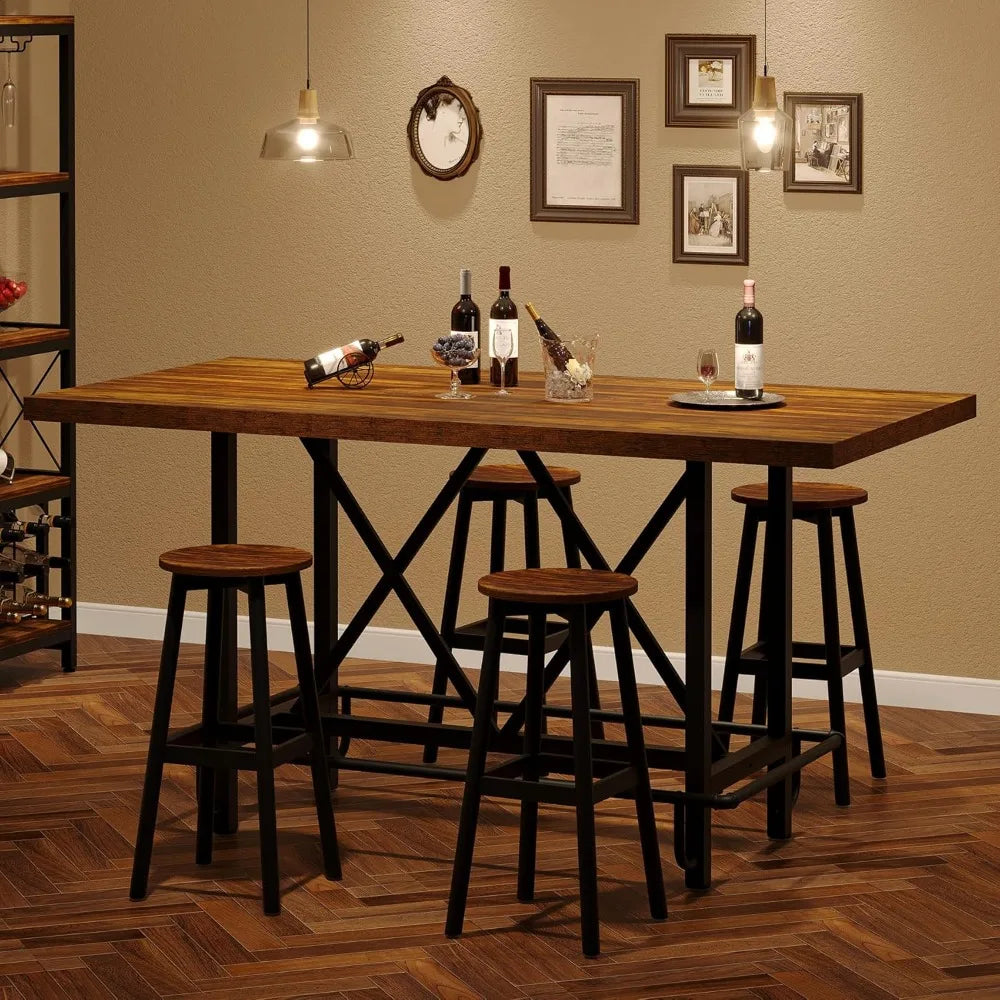 Industrial Bar Table 63 With Solid Wood Top And Footrest
