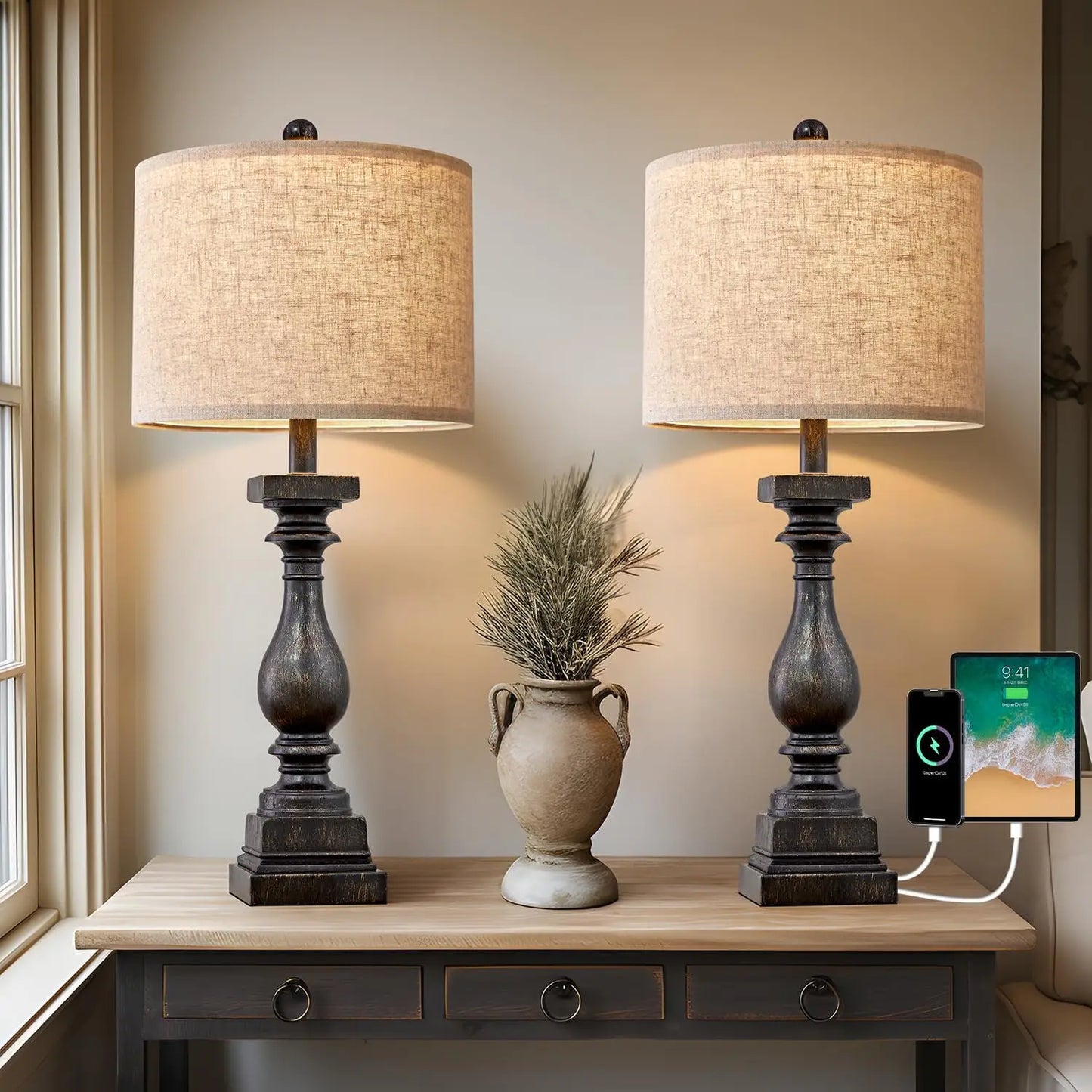 Farmhouse Table Lamps Set Of 2 With USB Ports Bedroom