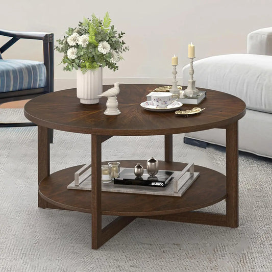 Rustic Modern Round Coffee Table with 2-Tier Storage