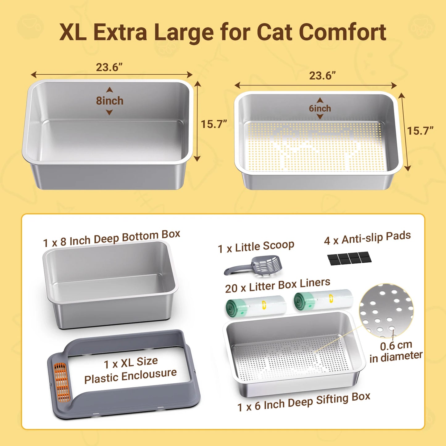 XL Stainless Steel Cat Litter Box with Odor Control