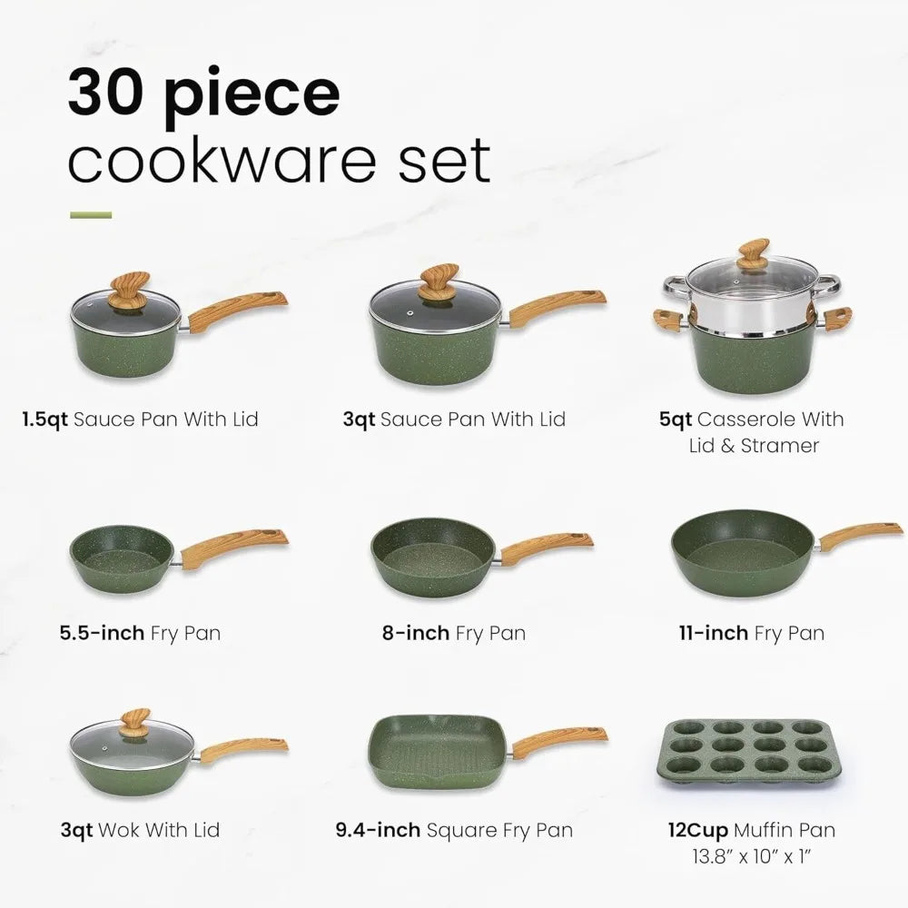 30 Piece Nonstick Cookware Set with Elegant Granite Design
