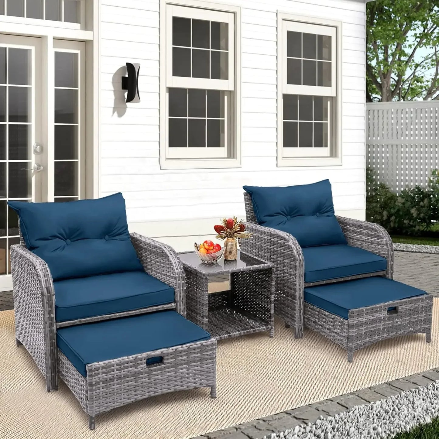5 Piece Rattan Patio Chairs Set With Ottoman Comfort
