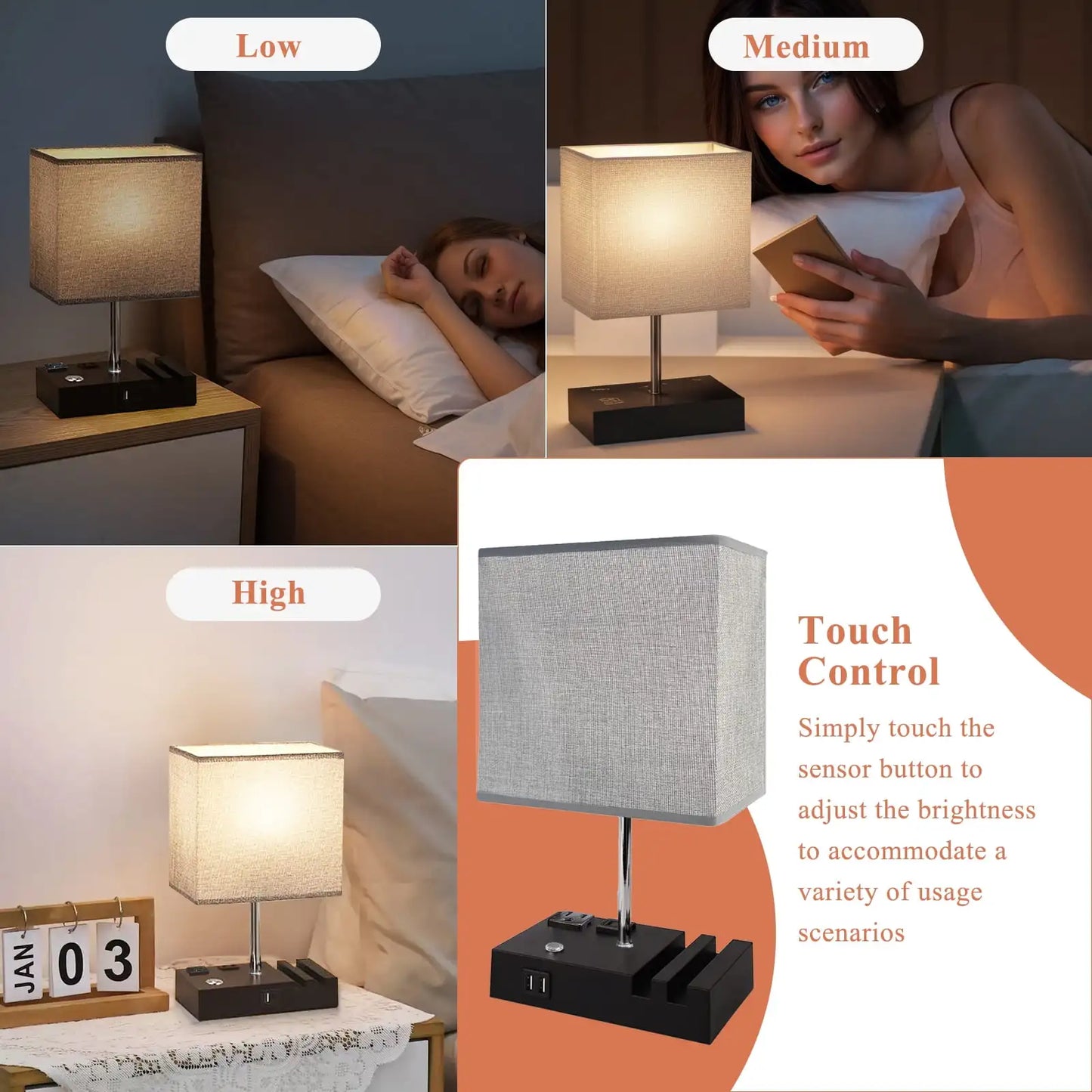 SZRSTH Bedside Table Lamp with Dual Fast USB Charging