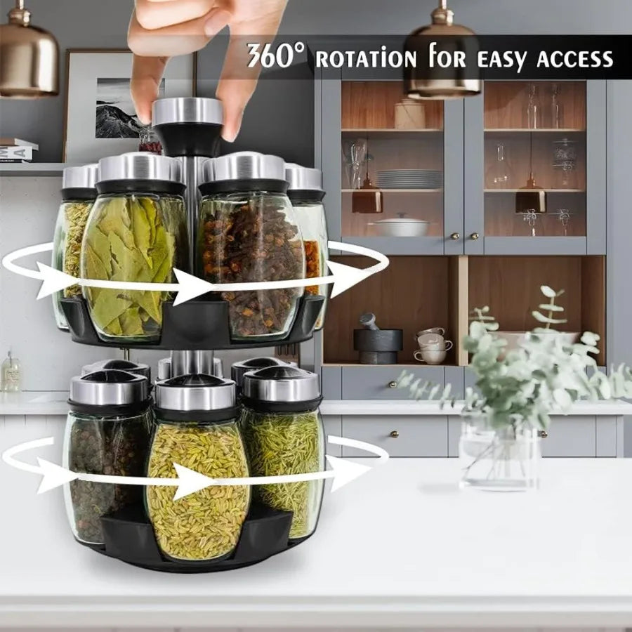 Revolving Spice Rack Organizer with 12 Glass Jar Bottles