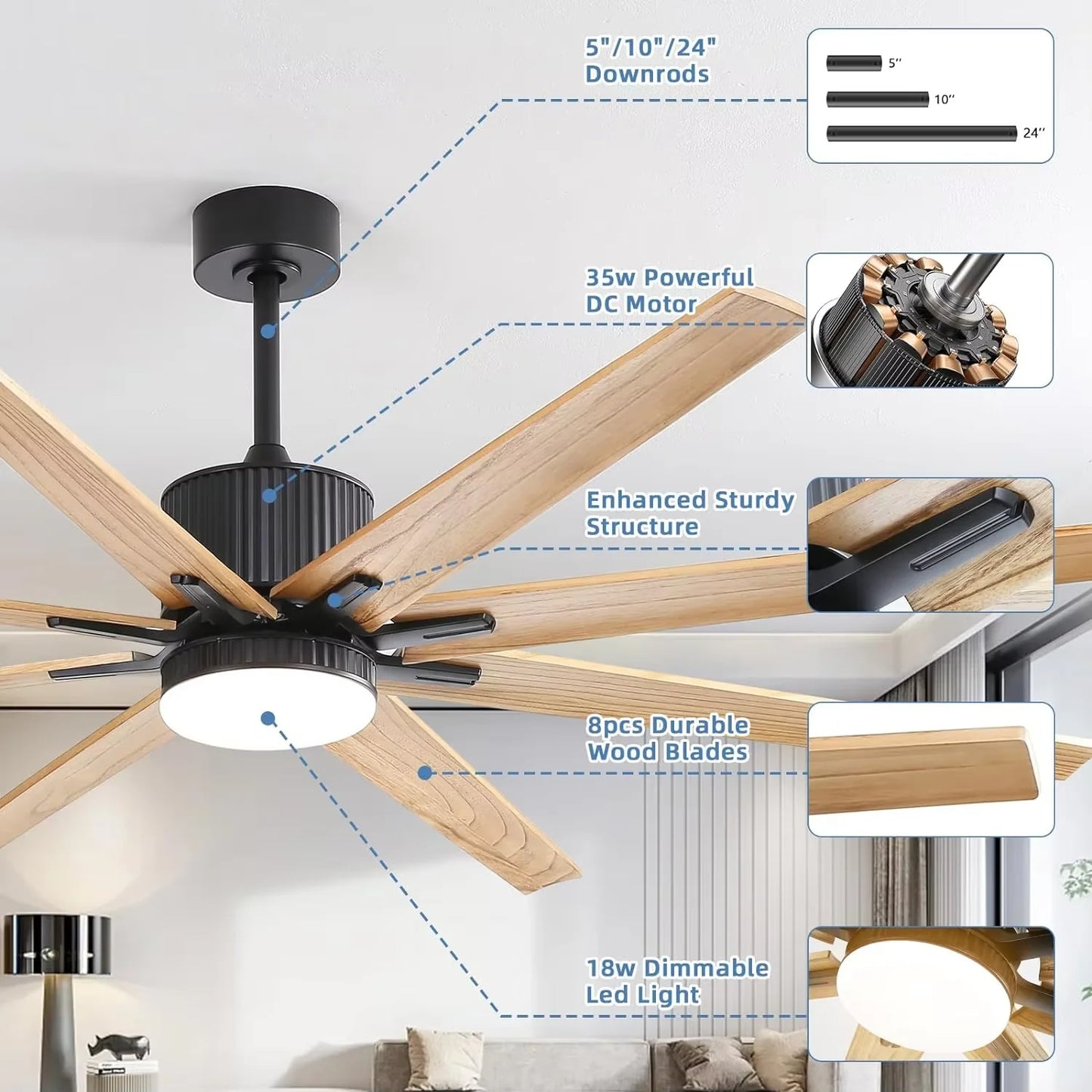 Sofucor 76 Inch Modern Ceiling Fan with LED and Remote Control
