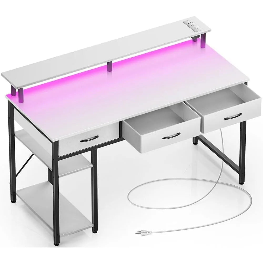 Space-Saving Computer Desk with Power Outlets and LED Lighting