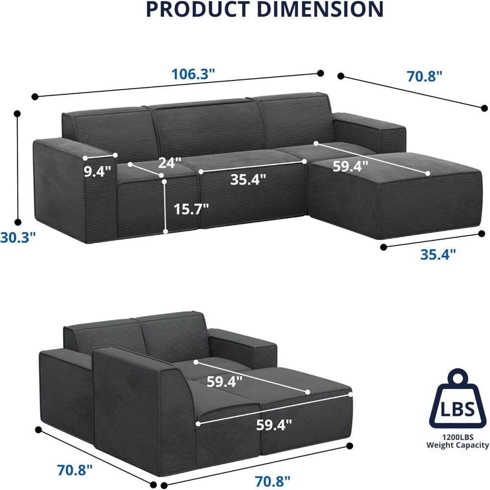 L-Shape Modular Sectional Sofa with Ottoman for Living Room